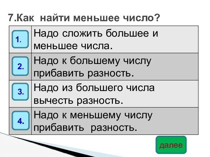 7.Как найти меньшее число? далее 4. 2. 3. 1.