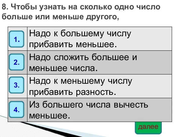 8. Чтобы узнать на сколько одно число больше или меньше другого, далее 1. 2. 3. 4.