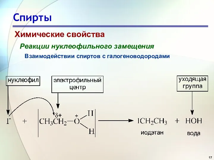 Спирты Химические свойства Реакции нуклеофильного замещения Взаимодействии спиртов с галогеноводородами