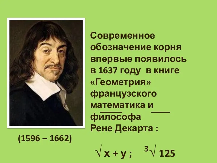 Современное обозначение корня впервые появилось в 1637 году в книге