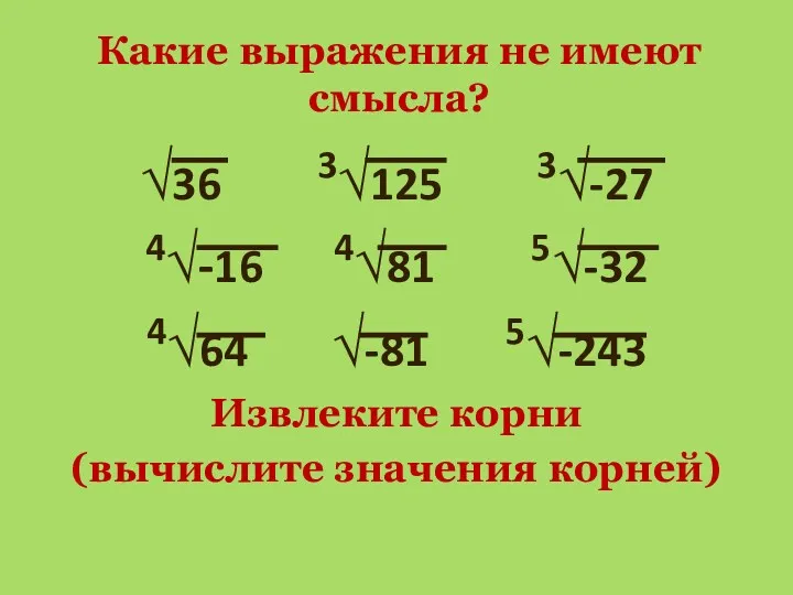 Какие выражения не имеют смысла? √36 3√125 3√-27 4√-16 4√81