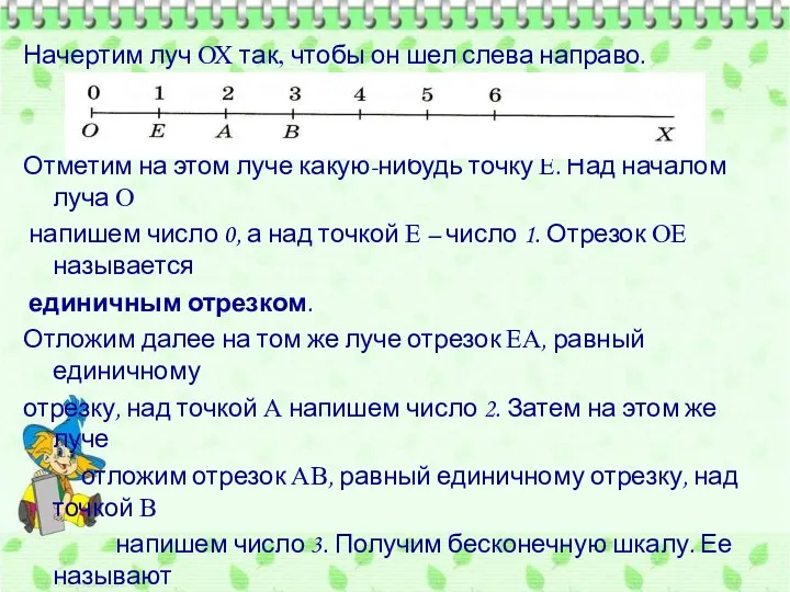 Начертим луч ОХ так, чтобы он шел слева направо. Отметим на этом луче