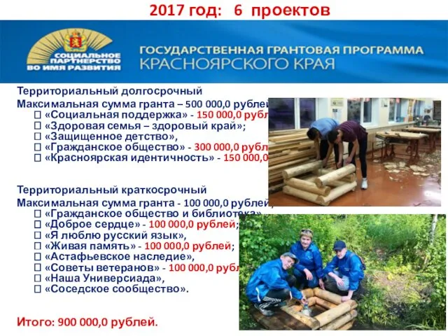 Территориальный долгосрочный Максимальная сумма гранта – 500 000,0 рублей): 