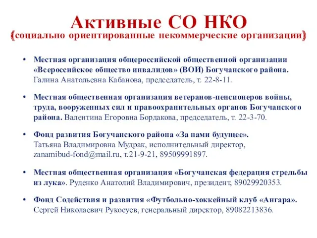 Активные СО НКО (социально ориентированные некоммерческие организации) Местная организация общероссийской