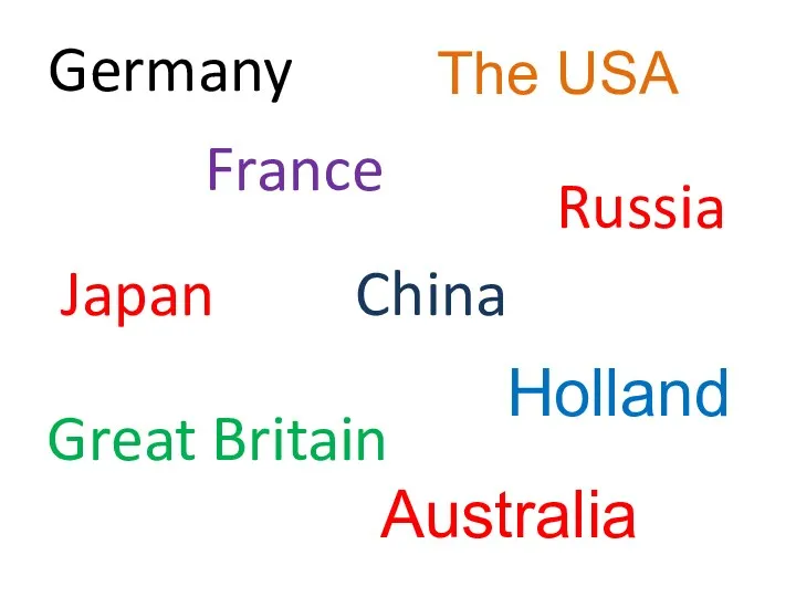 Germany The USA France Japan China Great Britain Russia Holland Australia