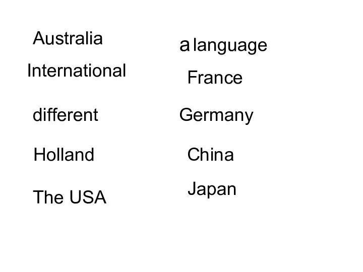 Australia a language France Germany China Holland different International Japan The USA