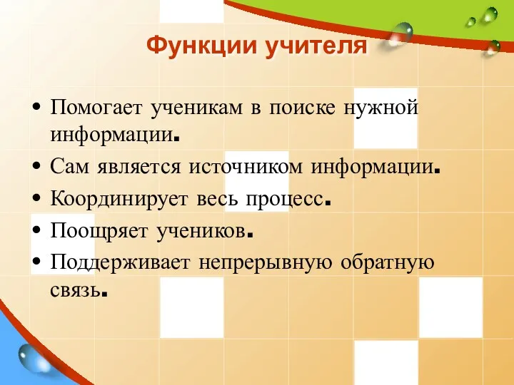 Функции учителя Помогает ученикам в поиске нужной информации. Сам является