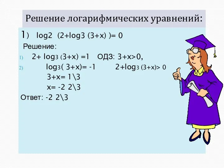 Решение логарифмических уравнений: 1) log2 (2+log3 (3+x) )= 0 Решение:
