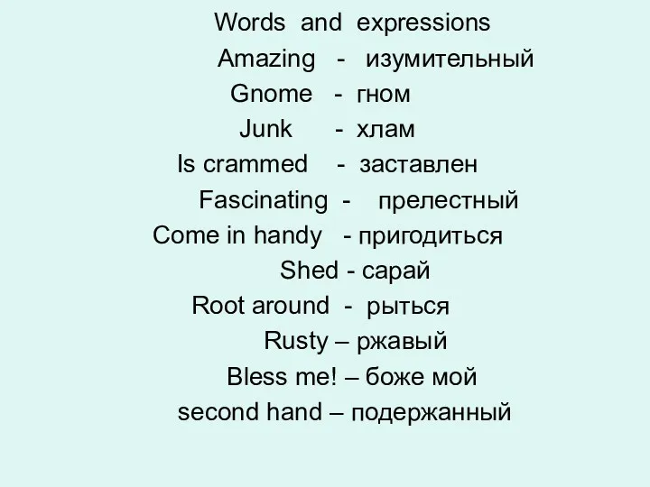 Words and expressions Amazing - изумительный Gnome - гном Junk - хлам Is