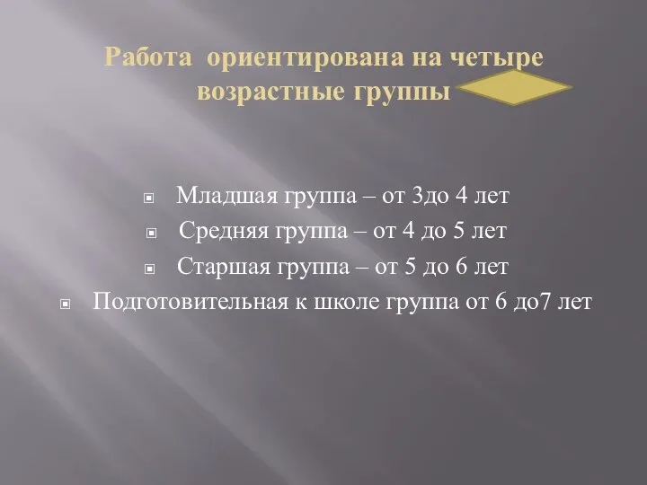 Работа ориентирована на четыре возрастные группы Младшая группа – от 3до 4 лет