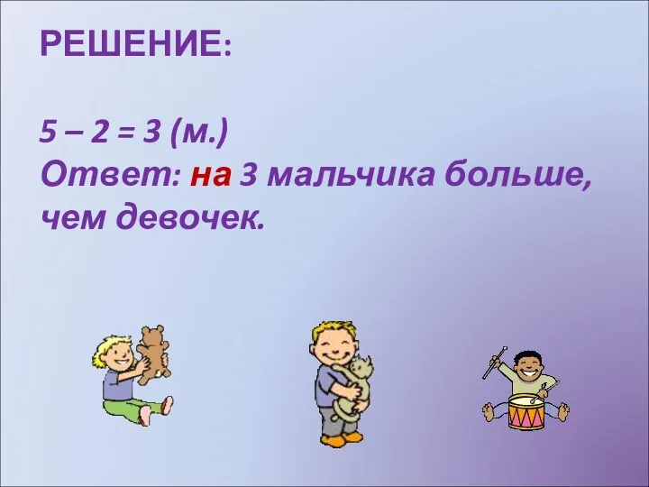 РЕШЕНИЕ: 5 – 2 = 3 (м.) Ответ: на 3 мальчика больше, чем девочек.