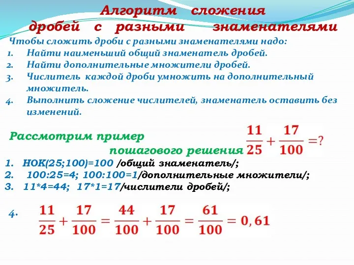 Алгоритм сложения дробей с разными знаменателями Чтобы сложить дроби с