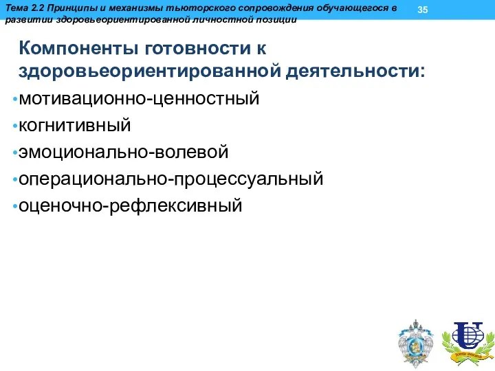 Компоненты готовности к здоровьеориентированной деятельности: мотивационно-ценностный когнитивный эмоционально-волевой операционально-процессуальный оценочно-рефлексивный