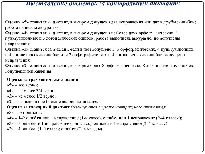 Выставление отметок за контрольный диктант: Оценка «5» ставится за диктант,