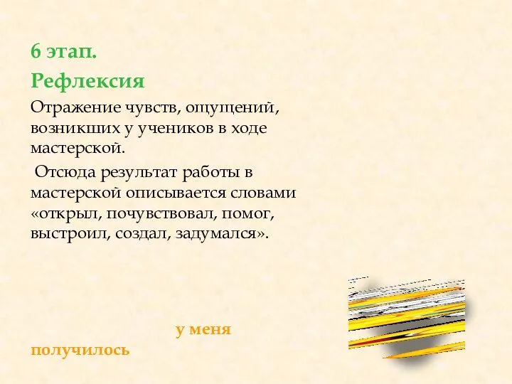 6 этап. Рефлексия Отражение чувств, ощущений, возникших у учеников в