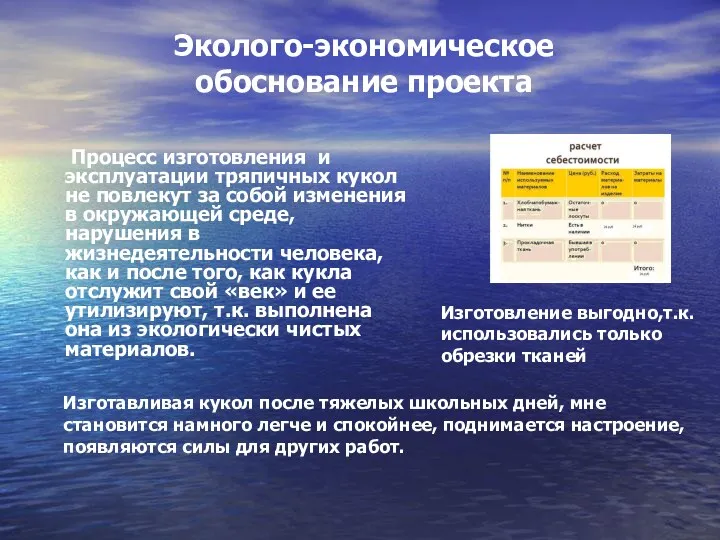 Эколого-экономическое обоснование проекта Процесс изготовления и эксплуатации тряпичных кукол не повлекут за собой