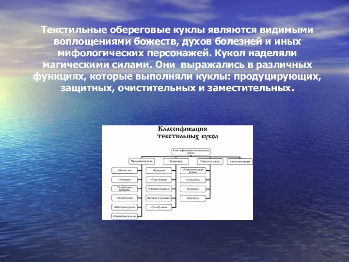 Текстильные обереговые куклы являются видимыми воплощениями божеств, духов болезней и иных мифологических персонажей.