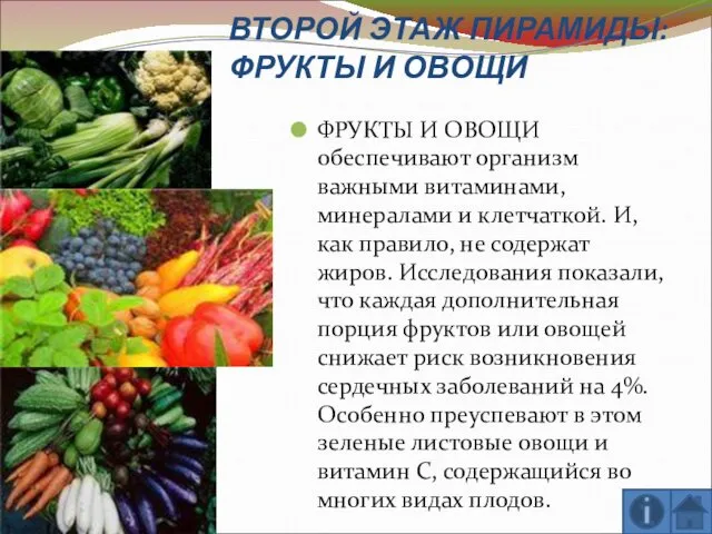 ВТОРОЙ ЭТАЖ ПИРАМИДЫ: ФРУКТЫ И ОВОЩИ ФРУКТЫ И ОВОЩИ обеспечивают