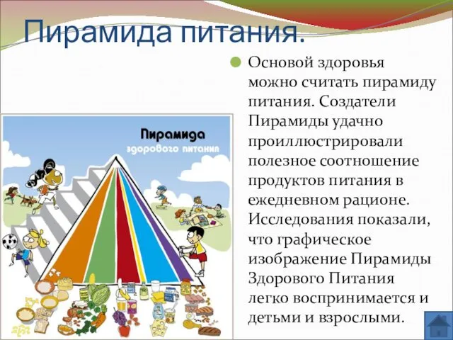 Пирамида питания. Основой здоровья можно считать пирамиду питания. Создатели Пирамиды