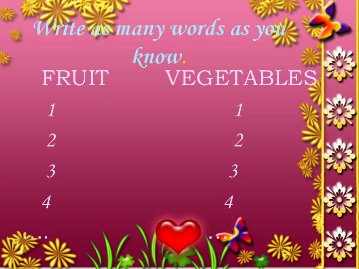 Write as many words as you know. FRUIT VEGETABLES 1 1 2 2
