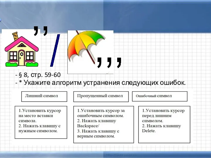 - § 8, стр. 59-60 - * Укажите алгоритм устранения следующих ошибок.