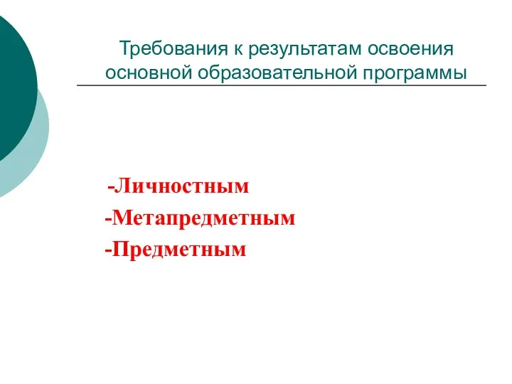 Требования к результатам освоения основной образовательной программы -Личностным -Метапредметным -Предметным