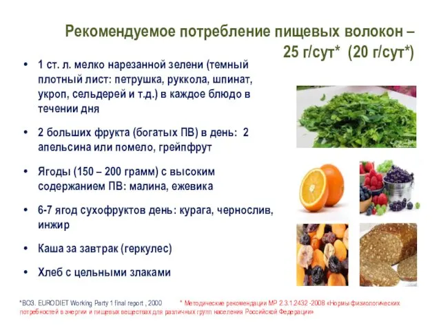 Рекомендуемое потребление пищевых волокон – 25 г/сут* (20 г/сут*) 1 ст. л. мелко