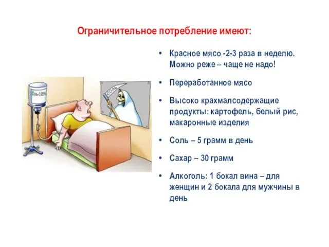 Ограничительное потребление имеют: Красное мясо -2-3 раза в неделю. Можно реже – чаще