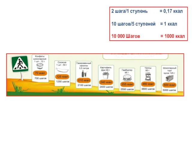 2 шага/1 ступень = 0,17 ккал 10 шагов/5 ступеней =