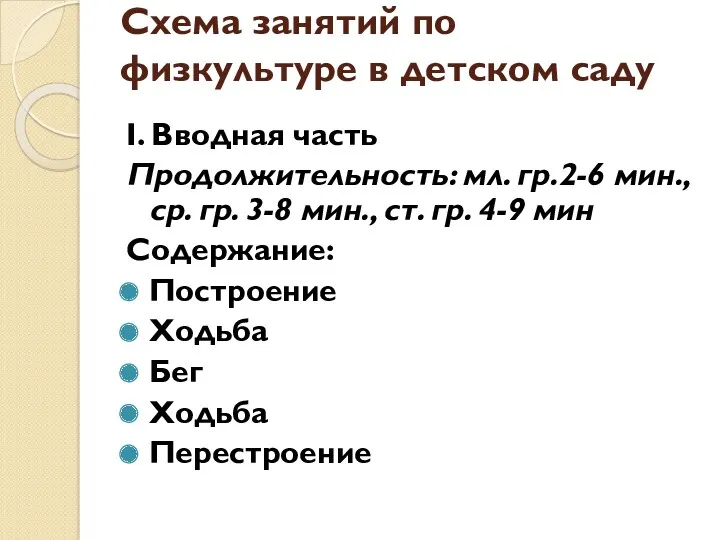 Схема занятий по физкультуре в детском саду I. Вводная часть