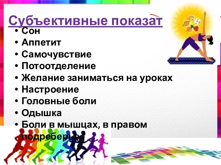 Субъективные показатели Сон Аппетит Самочувствие Потоотделение Желание заниматься на уроках