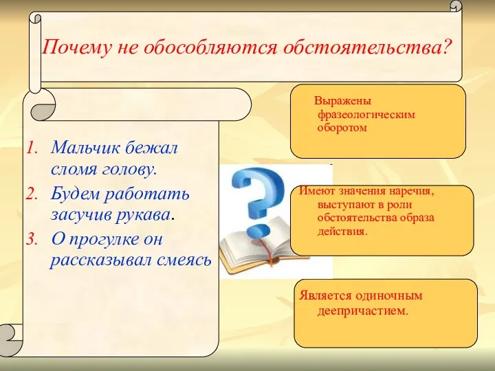 Почему не обособляются обстоятельства? Мальчик бежал сломя голову. Будем работать