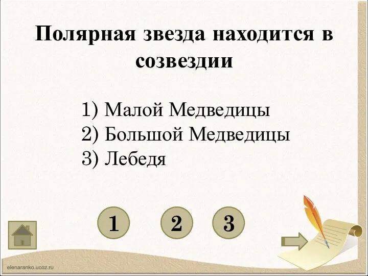 Полярная звезда находится в созвездии 1 3 2 1) Малой Медведицы 2) Большой Медведицы 3) Лебедя