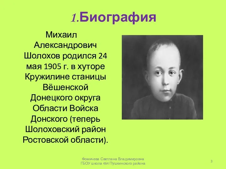 1.Биография Михаил Александрович Шолохов родился 24 мая 1905 г. в