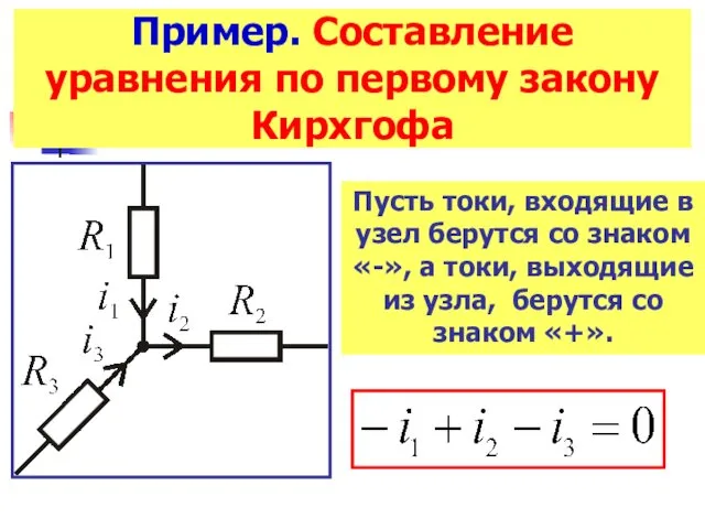 Пример. Составление уравнения по первому закону Кирхгофа Пусть токи, входящие в узел берутся