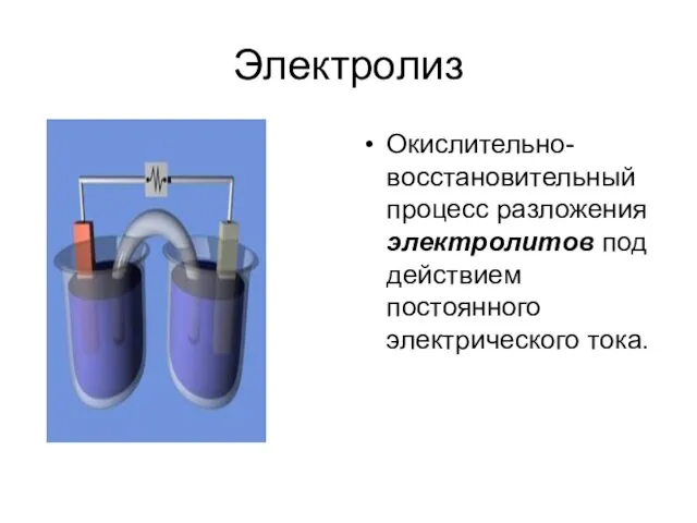 Электролиз Окислительно-восстановительный процесс разложения электролитов под действием постоянного электрического тока.