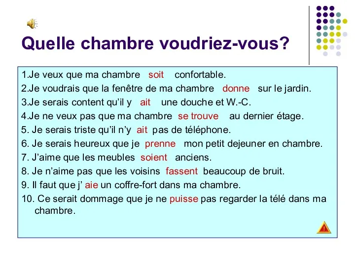 Quelle chambre voudriez-vous? 1.Je veux que ma chambre soit confortable.