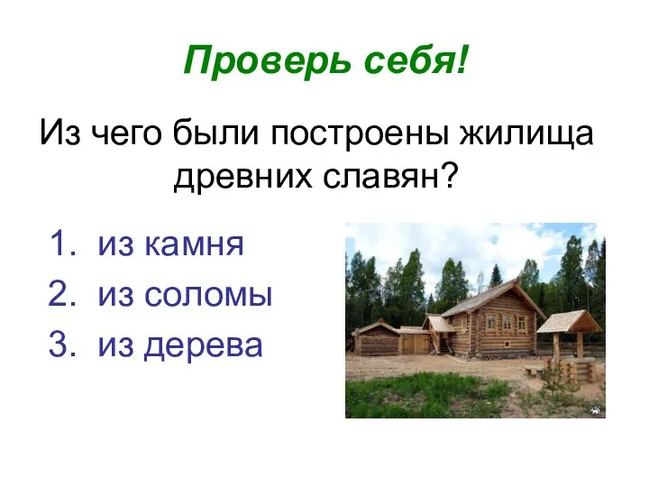 Из чего были построены жилища древних славян? Проверь себя! из камня из соломы из дерева