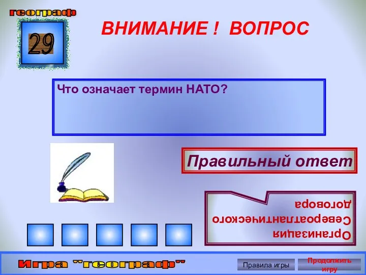 ВНИМАНИЕ ! ВОПРОС Что означает термин НАТО? 29 Правильный ответ