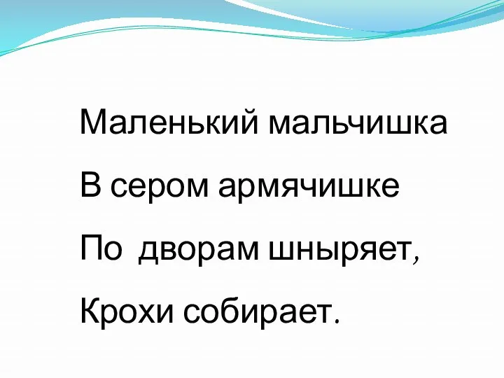 Маленький мальчишка В сером армячишке По дворам шныряет, Крохи собирает.