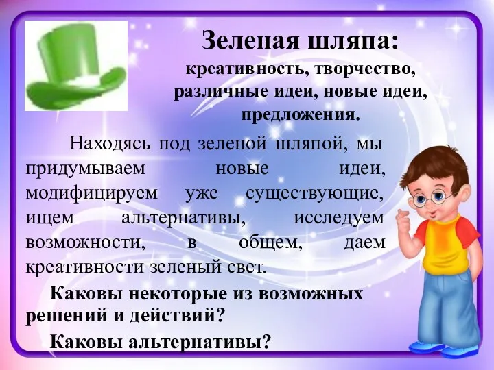 Зеленая шляпа: креативность, творчество, различные идеи, новые идеи, предложения. Находясь