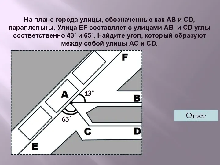 На плане города улицы, обозначенные как AB и CD, параллельны. Улица EF составляет