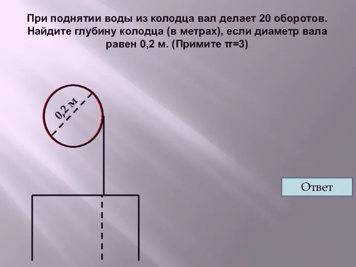 При поднятии воды из колодца вал делает 20 оборотов. Найдите глубину колодца (в