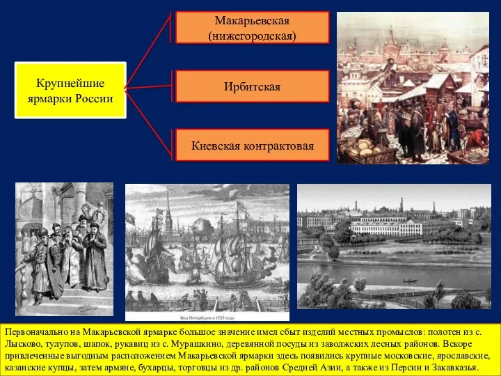 Первоначально на Макарьевской ярмарке большое значение имел сбыт изделий местных