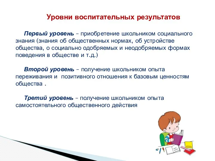 Уровни воспитательных результатов Первый уровень – приобретение школьником социального знания