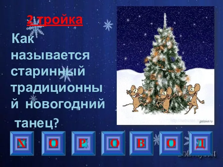 2 тройка Как называется старинный традиционный новогодний танец? Х О Р О В О Д