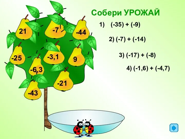 (-35) + (-9) Собери УРОЖАЙ 2) (-7) + (-14) 3) (-17) + (-8)