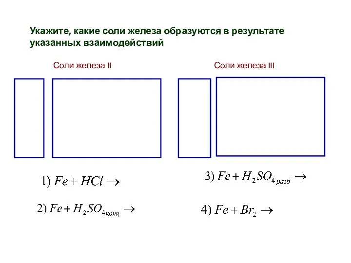 Укажите, какие соли железа образуются в результате указанных взаимодействий Соли железа II Соли железа III