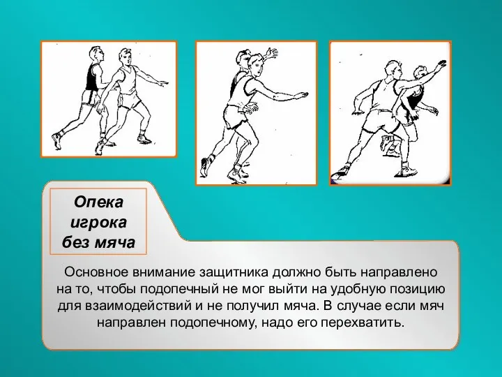 Опека игрока без мяча Основное внимание защитника должно быть направлено на то, чтобы