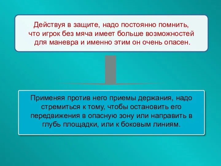 Действуя в защите, надо постоянно помнить, что игрок без мяча имеет больше возможностей